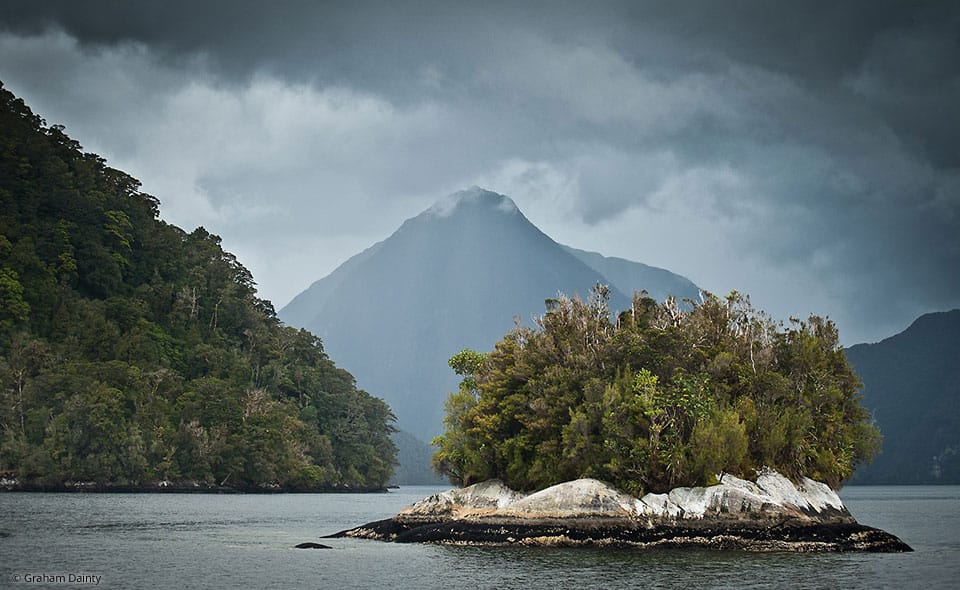 A small island outcrop sits amongst the Fiords of Fiordland. © Graham Dainty