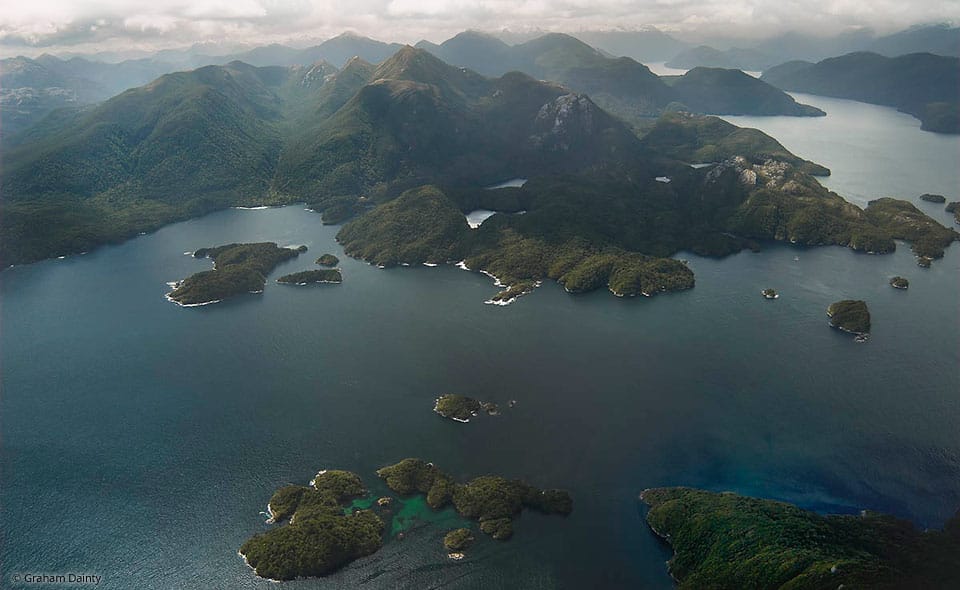 Aerial view of Dusky Sound, Fiordland. © Graham Dainty